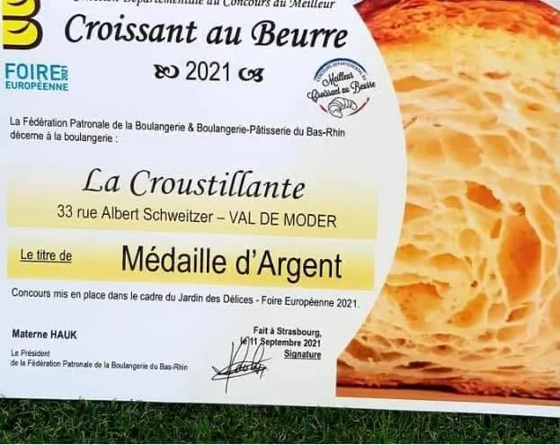 Diplôme Médaille d’Argent Croissant au Beurre 2021 de La Croustillante